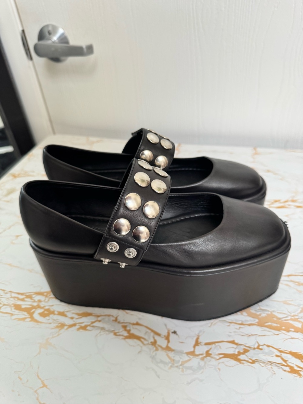 Molly Goddard Black Platform Mary Jane Shoes with Studded Strap